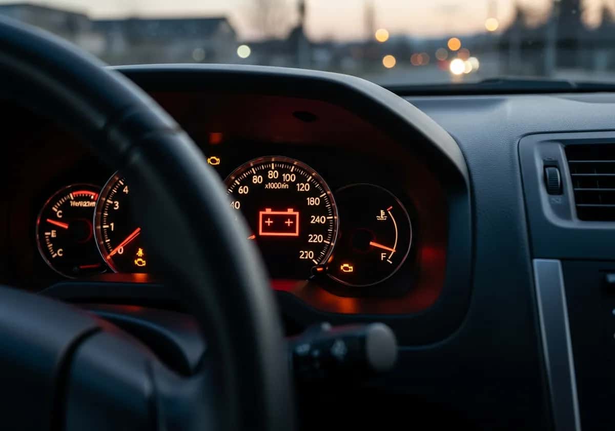車のメーターに赤いバッテリーランプが点灯しているイメージ