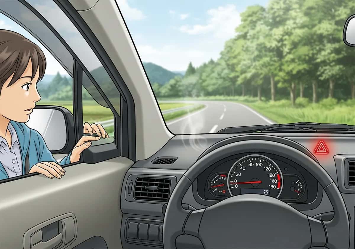 水温計が高くなりボンネット付近から熱気が出ている車のイメージ
