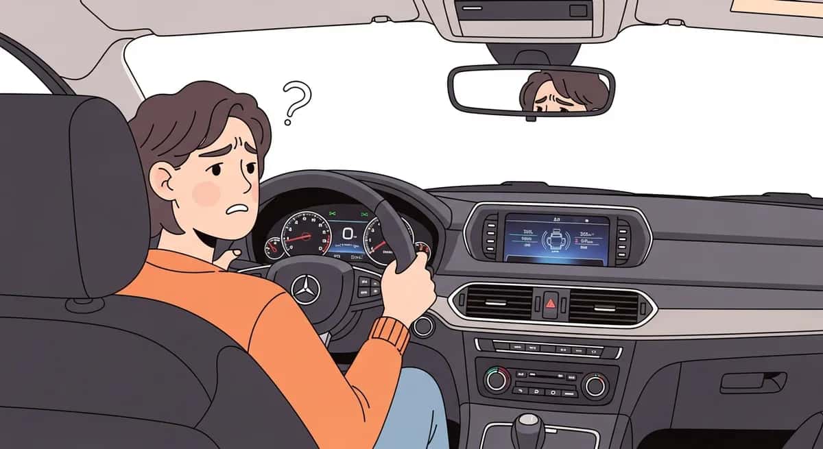 電気はつくのにエンジンがかからない車内で困惑するドライバーのイメージ