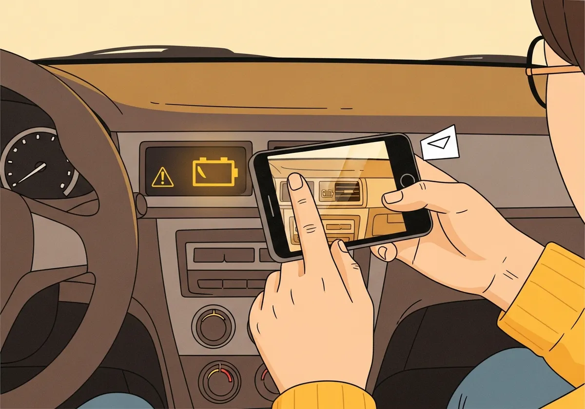 バッテリーランプの写真をLINEで送るイラスト