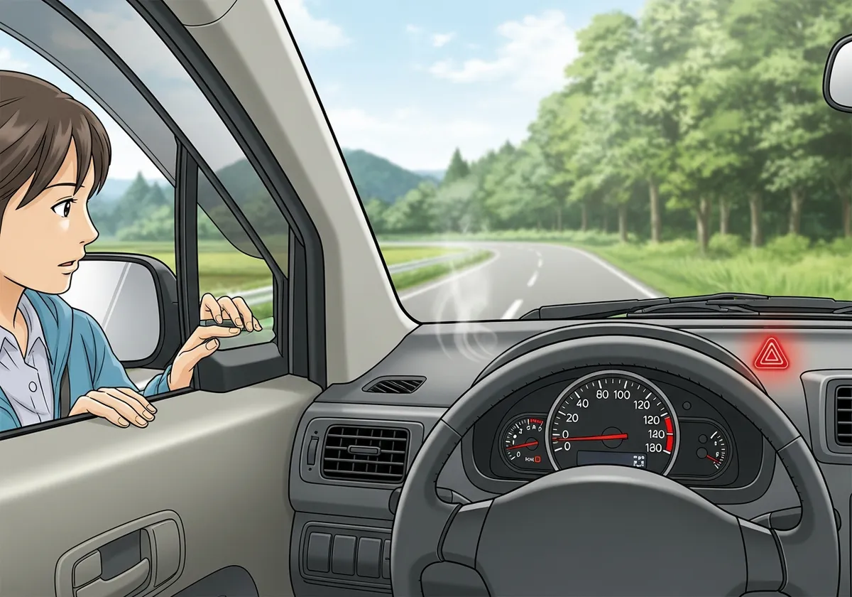 水温計が高くなりボンネット付近から熱気が出ている車のイメージ