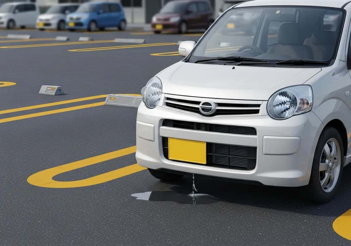駐車場で車の下に冷却水らしき液体が漏れているイメージ
