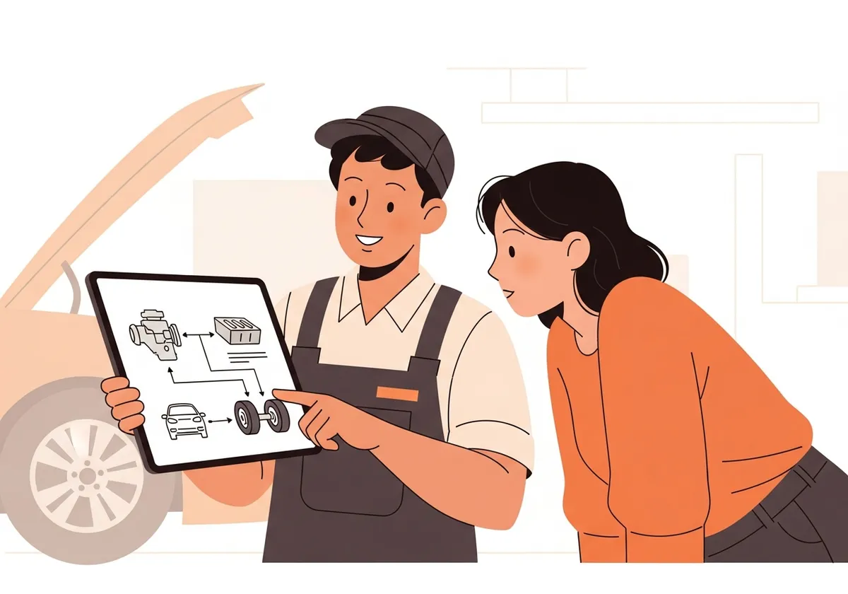 整備士が診断結果を説明するイラスト