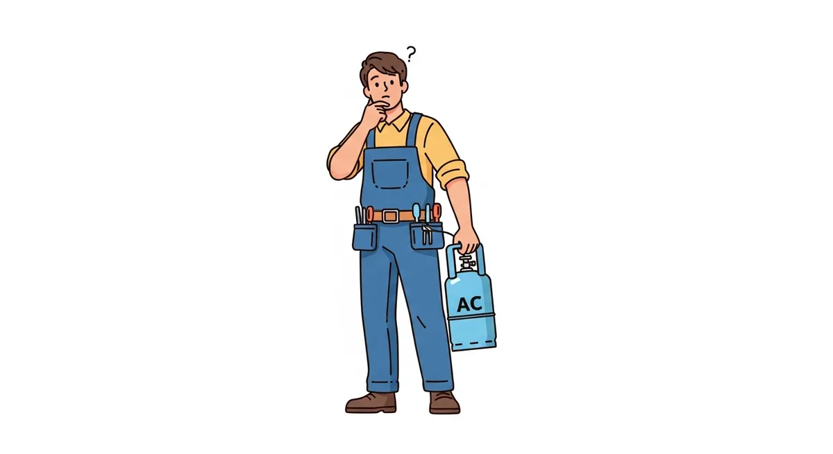 エアコンガス缶を持ちながら首を振る整備士のイラスト
