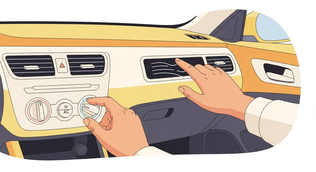 車内でエアコン操作パネルの温度を手で確認しているイラスト