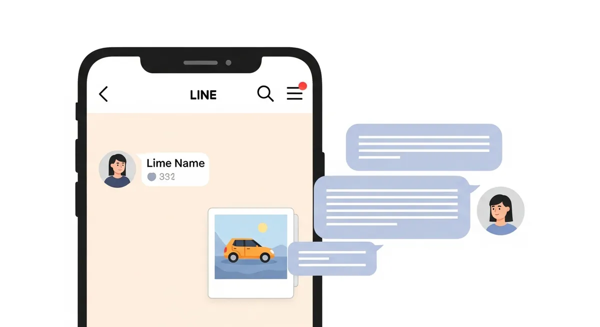 LINEチャットに車の写真を添付して相談するスマートフォンのイラスト