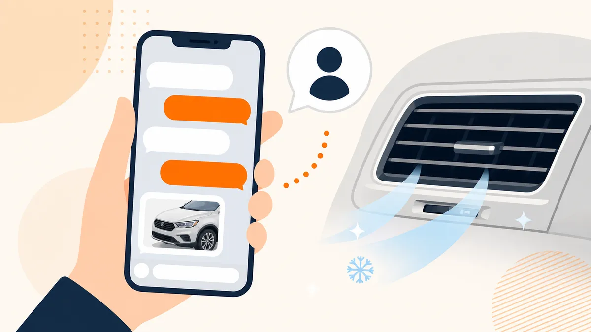 LINEチャットに車の写真を添付して相談するスマートフォンのイラスト