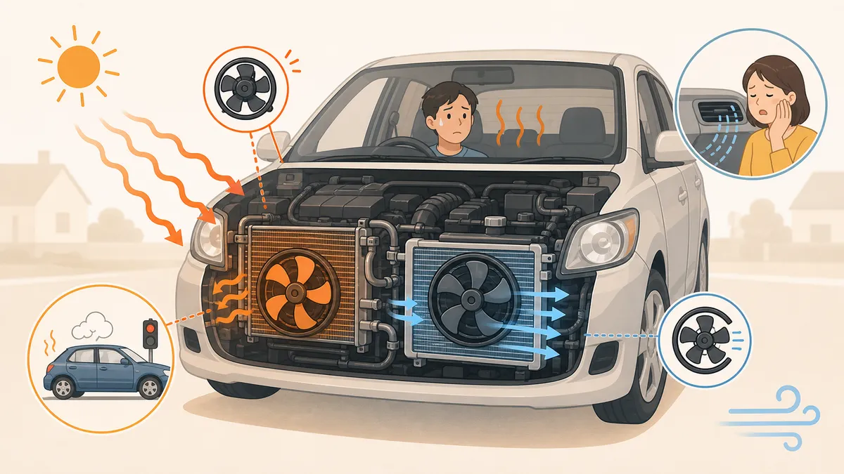 車のエアコン冷却システム（コンデンサ・電動ファン・コンプレッサー）の構造と停車中の放熱不足メカニズム