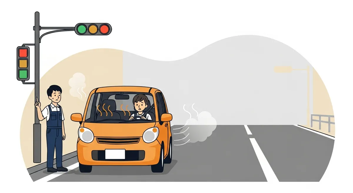停車中だけエアコンが冷えない車のイラスト―信号待ちで困惑するドライバー