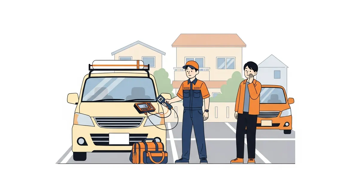 葛飾区の住宅街の駐車場でエアコン診断を行う出張整備士のイラスト