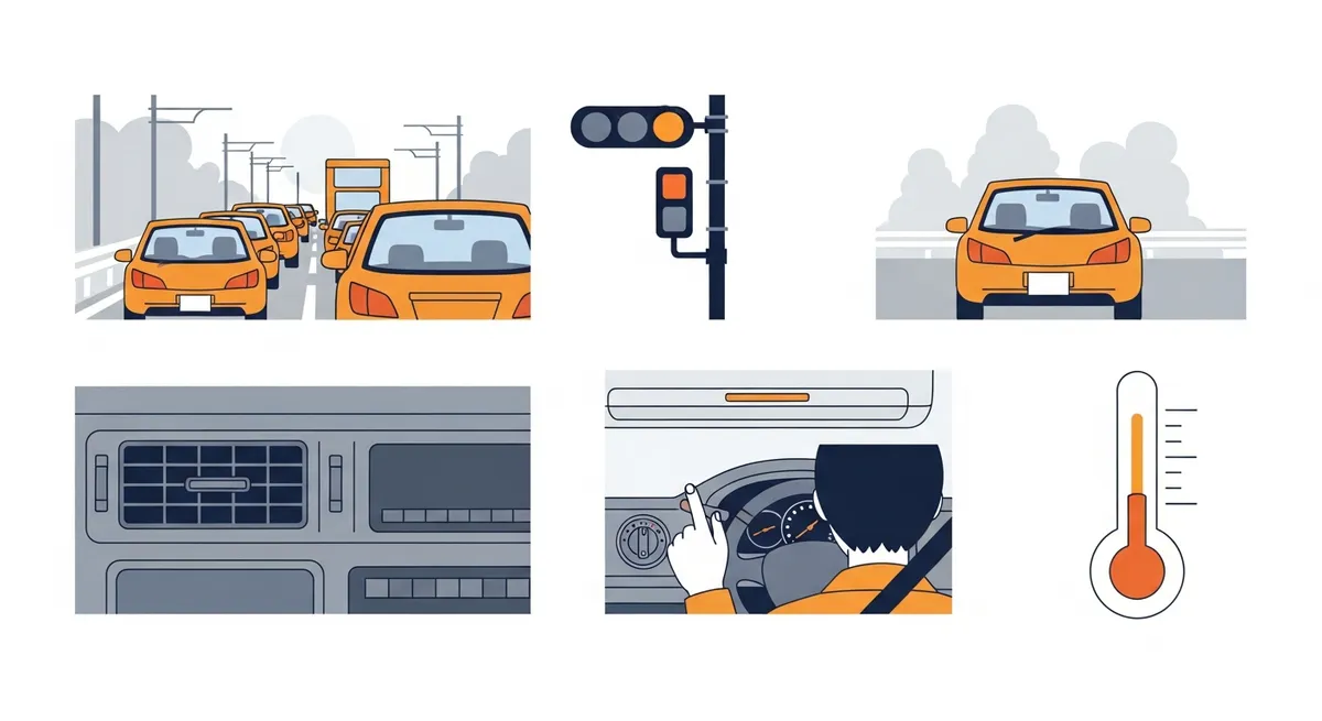 停車中・信号待ち・渋滞中にエアコンが冷えなくなる症状パターンのイラスト