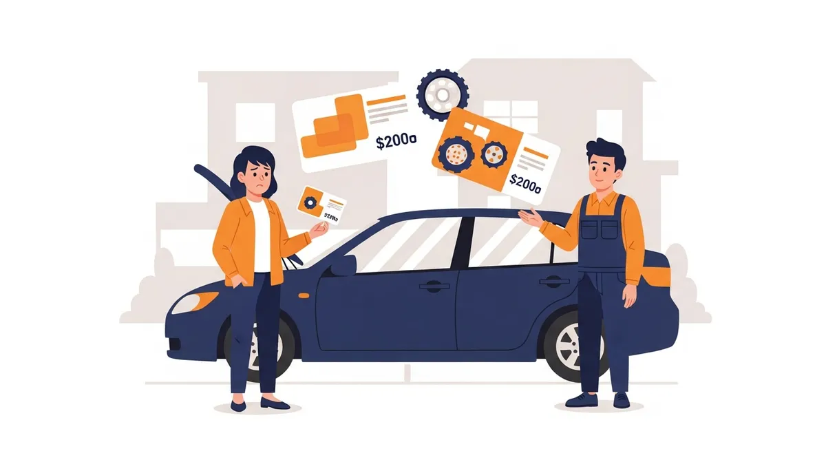 オルタネーター交換費用の見積もりに困惑する車オーナーのイラスト