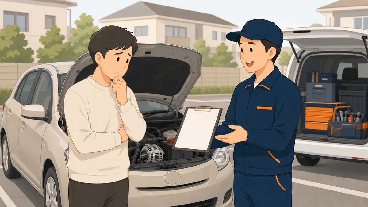 オルタネーター交換費用の見積もりに困惑する車オーナーのイラスト