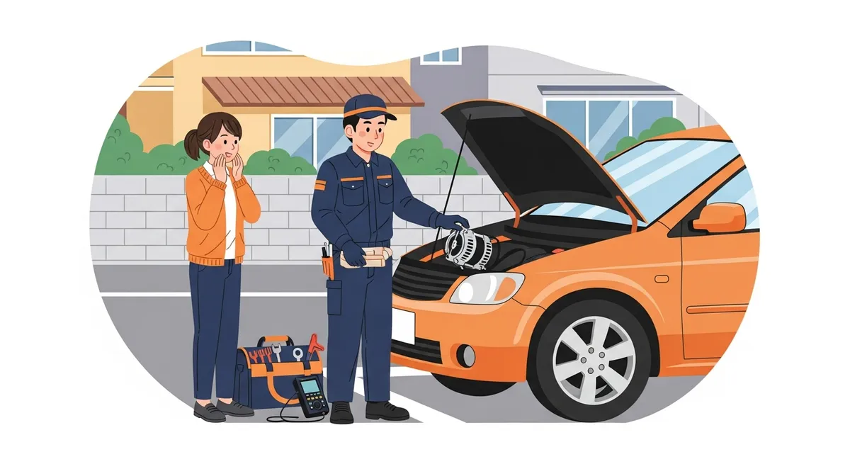葛飾区の駐車場でオルタネーターを出張診断する整備士のイラスト