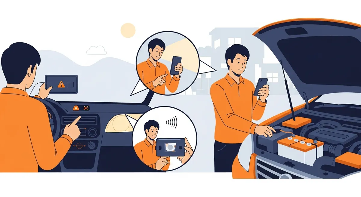 バッテリー警告灯やヘッドライトの明るさを安全に確認する車オーナーのイラスト