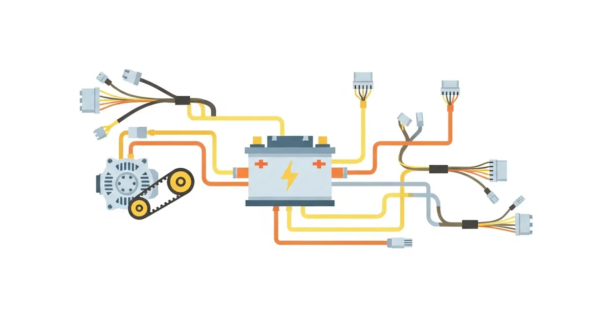 バッテリーアイコンからオルタネーター・ベルト・配線への充電システム図イラスト