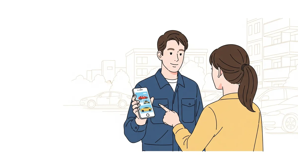自宅駐車場で整備士がスマートフォンで車の写真を受け取るイラスト