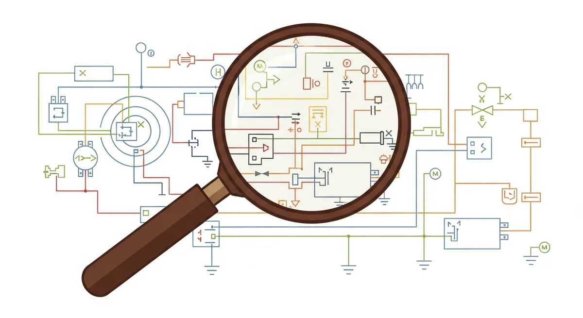 車の電気系統図を虫眼鏡で調べて原因を探るイラスト