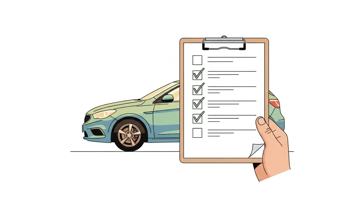 クリップボードのチェックリストと車を並べた相談準備イラスト