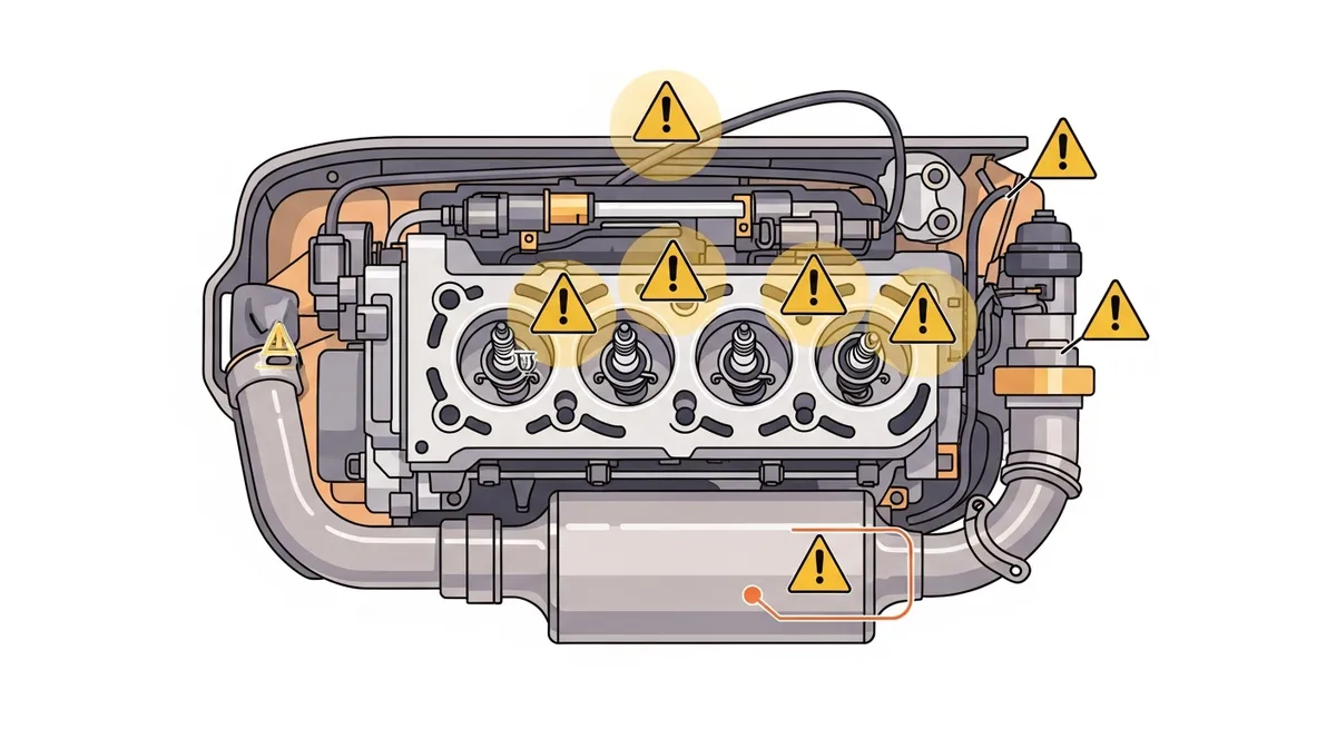 エンジンルームの各部品（プラグ・センサー・排気管）と警告マークのイラスト