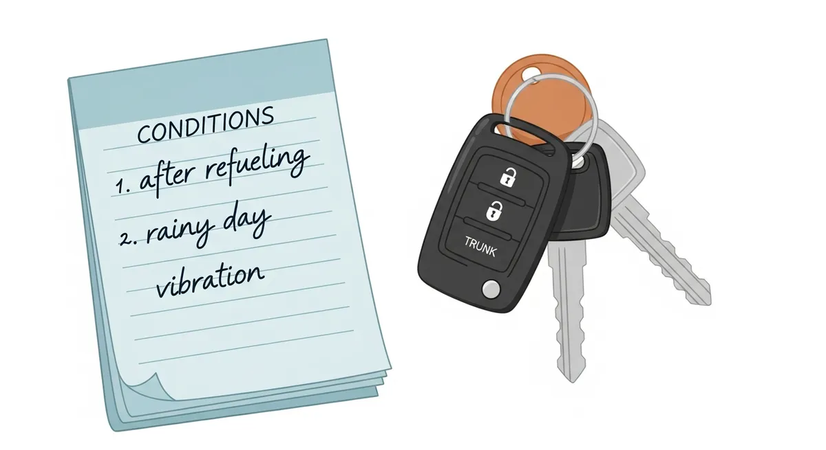 発症状況（給油後・雨天後・振動あり）をメモしているノートと車のキーのイラスト