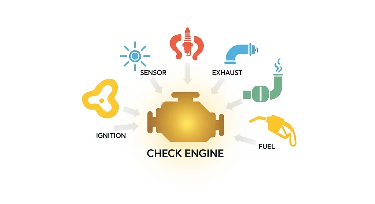 エンジンチェックランプから各車両システムへの原因候補イラスト
