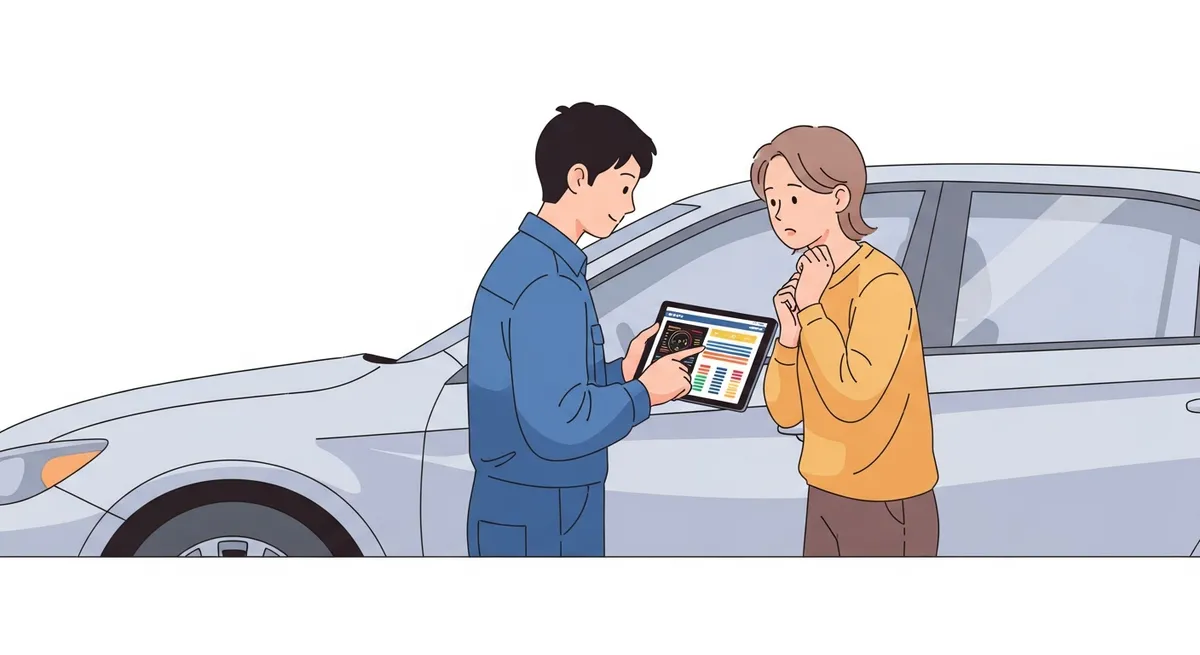 診断スキャン結果をタブレットで顧客に説明する整備士のイラスト