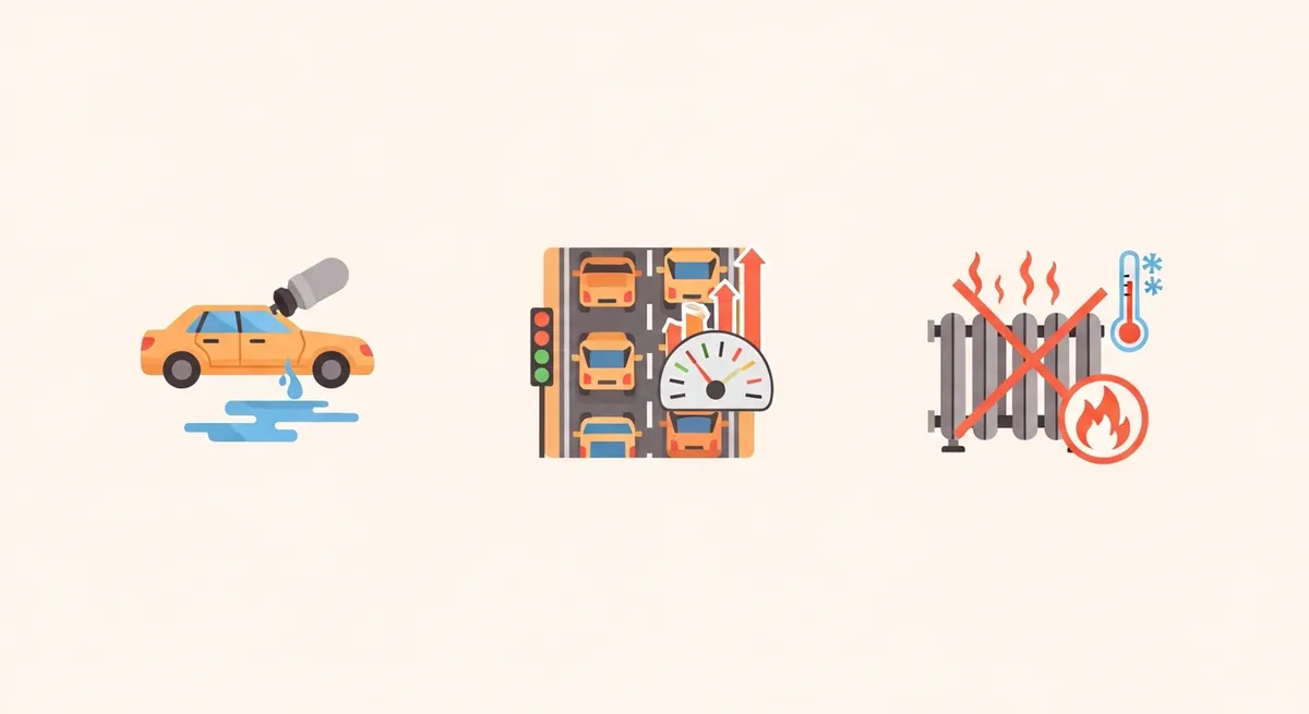 床下の水漏れ・渋滞中の水温上昇・ヒーター不良の3パターンを示すイラスト