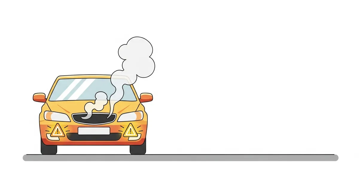 ボンネットから湯気が出て路肩に停車しているハザードランプ点灯の車イラスト