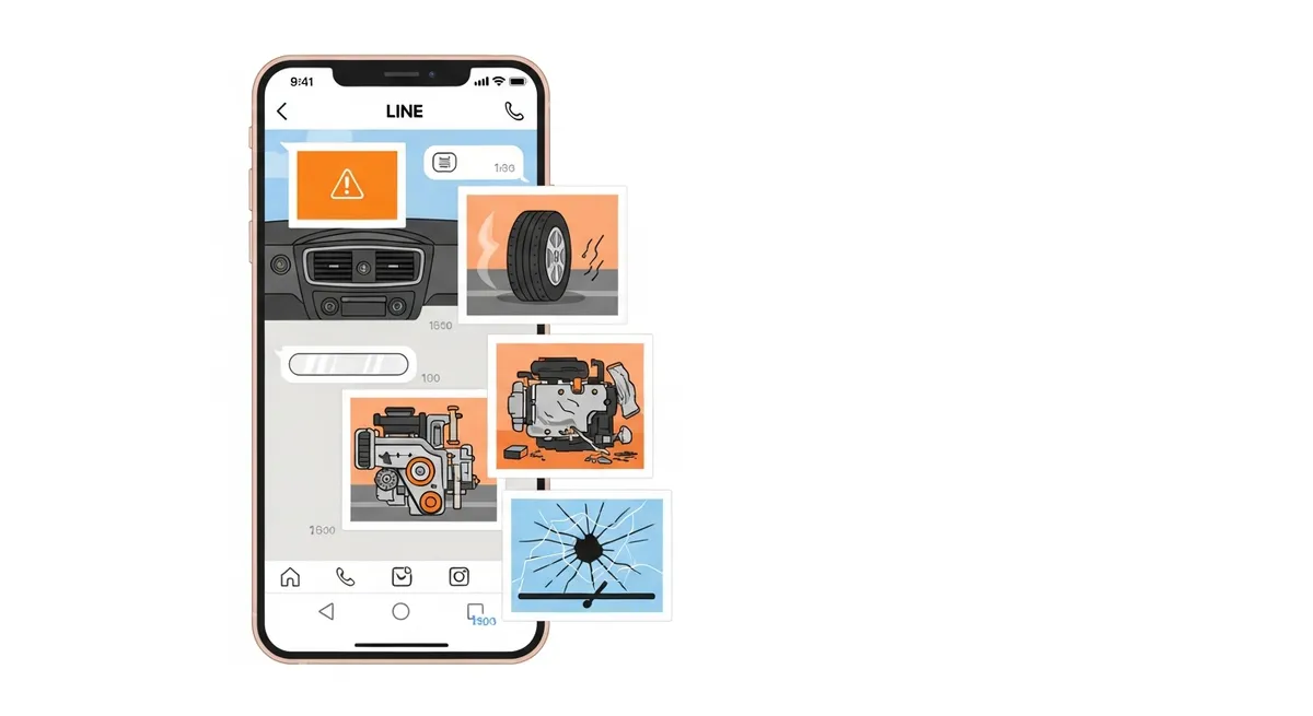 LINEで車の症状写真を送って相談するスマートフォンのイラスト