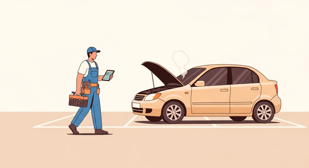 住宅街の駐車場に診断ツールを持って到着した整備士のイラスト