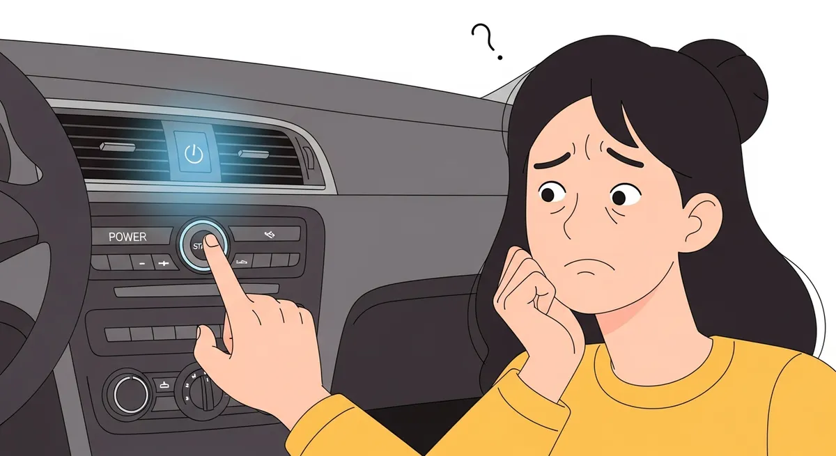 スタートボタンを押してもエンジンがかからず困惑しているドライバーのイラスト