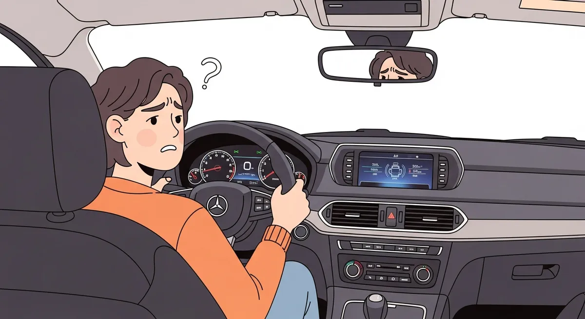 電気はつくのにエンジンがかからない車内で困惑するドライバーのイメージ