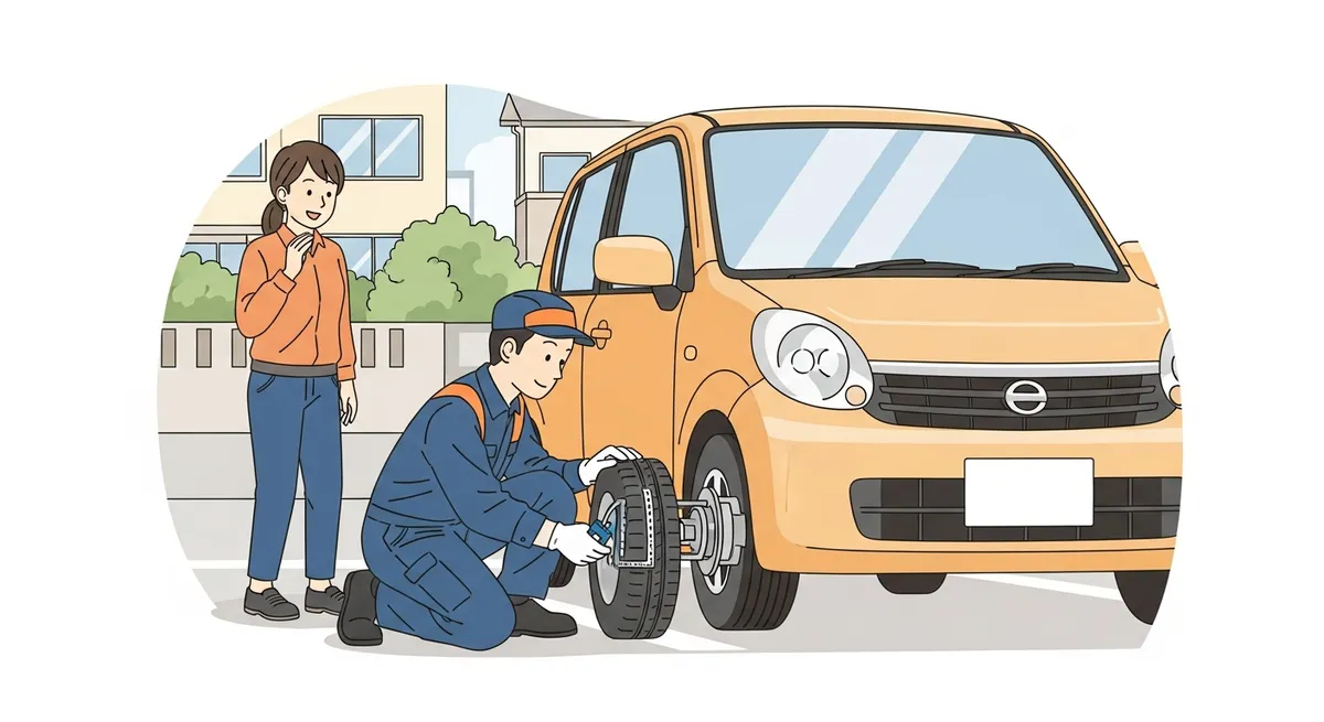葛飾区の駐車場で車検前の出張点検を行う整備士のイラスト