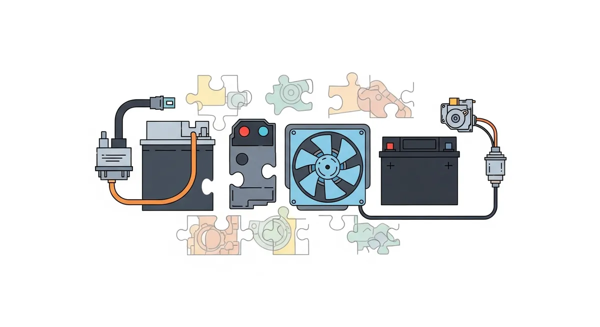 ハイブリッドバッテリー・補機バッテリー・冷却ファン・センサーがパズルのように並ぶイラスト