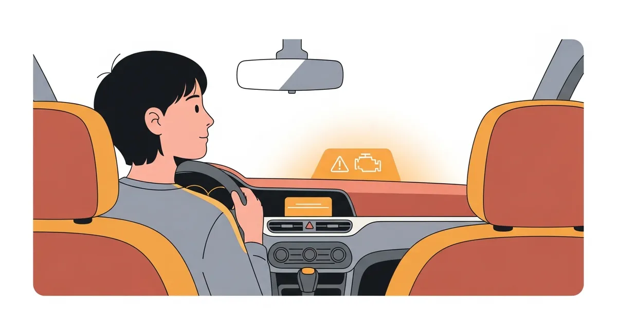 ダッシュボードの警告メッセージを落ち着いて確認するドライバーのイラスト