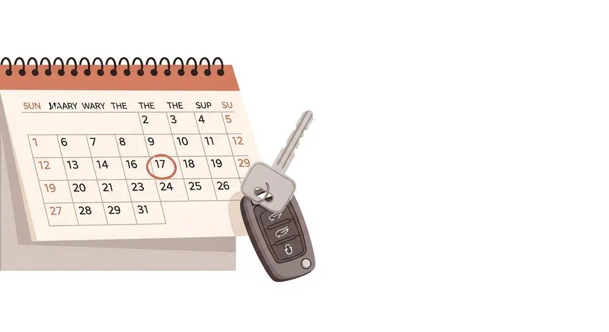 カレンダーに点検日を丸で印をつけ車のキーを置いたイラスト