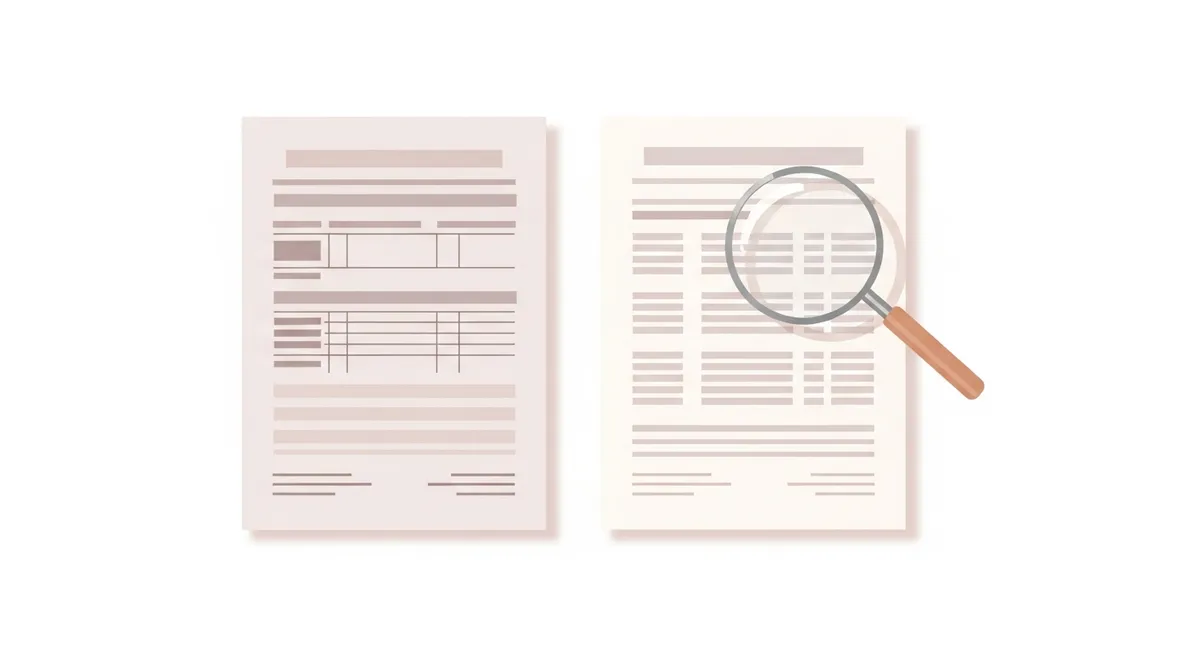 2枚の見積書を並べてルーペで比較するイラスト