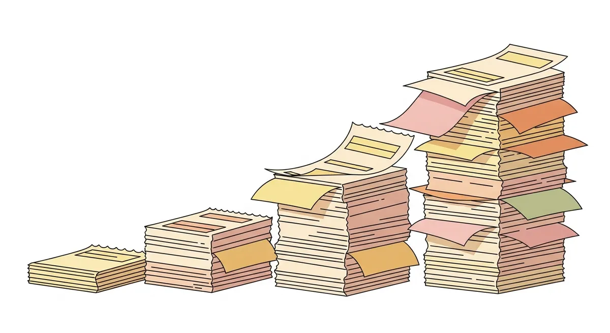 積み上がる請求書のイラスト（費用積算のイメージ）