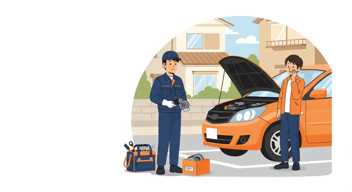 葛飾区の駐車場でセルモーターを出張交換する整備士のイラスト