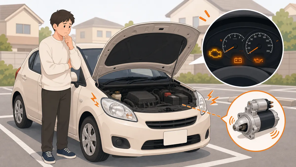 エンジンがかからない症状で困っている車オーナーのイラスト