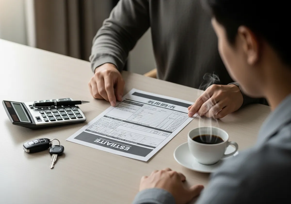 車検見積書と電卓、車のキーを机の上で確認しているイメージ