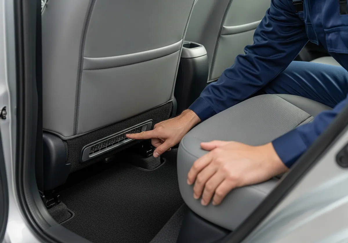 後部座席付近のハイブリッドバッテリー冷却吸気口を確認している様子