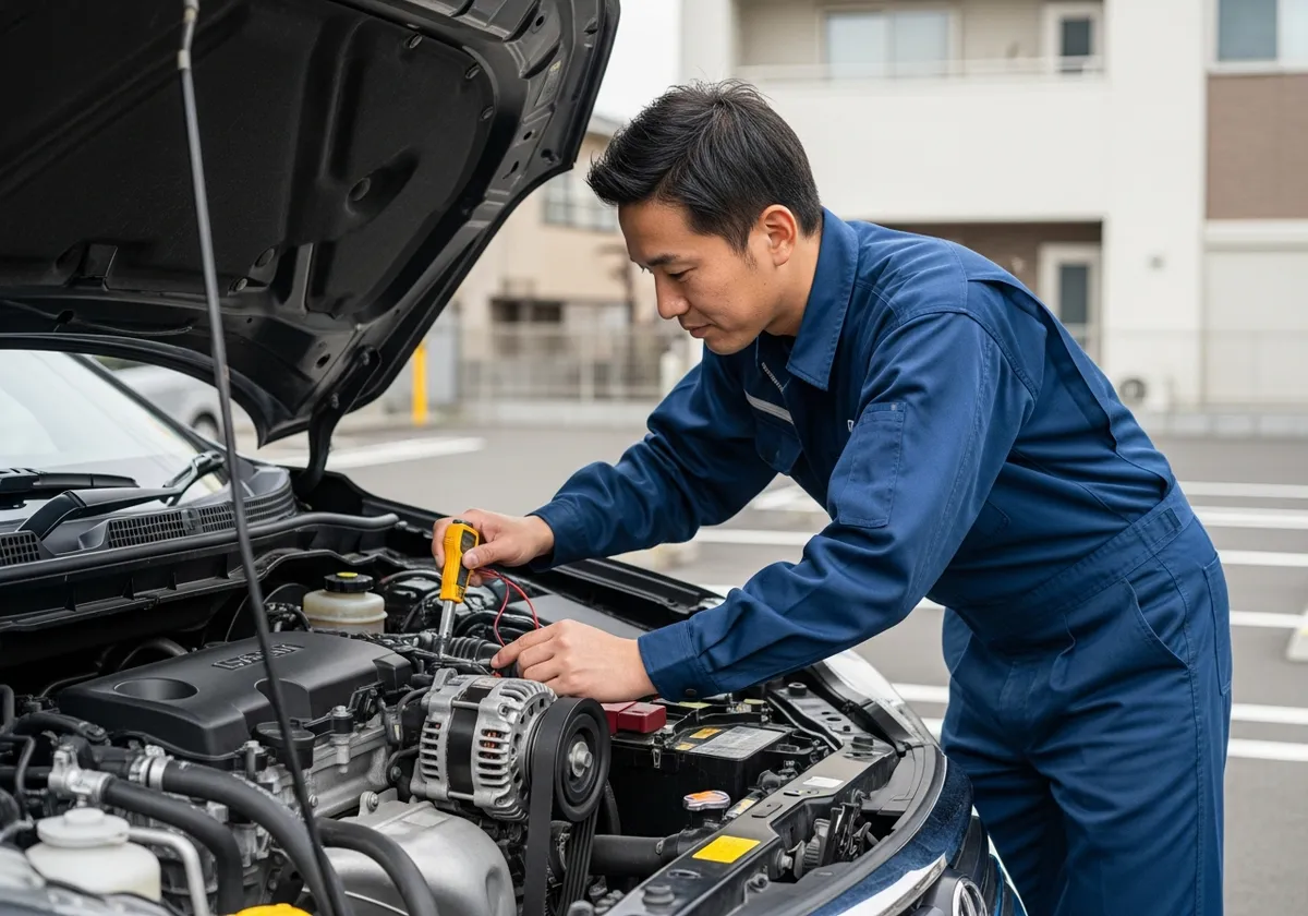 ボンネットを開けてオルタネーターとベルトを点検する整備士