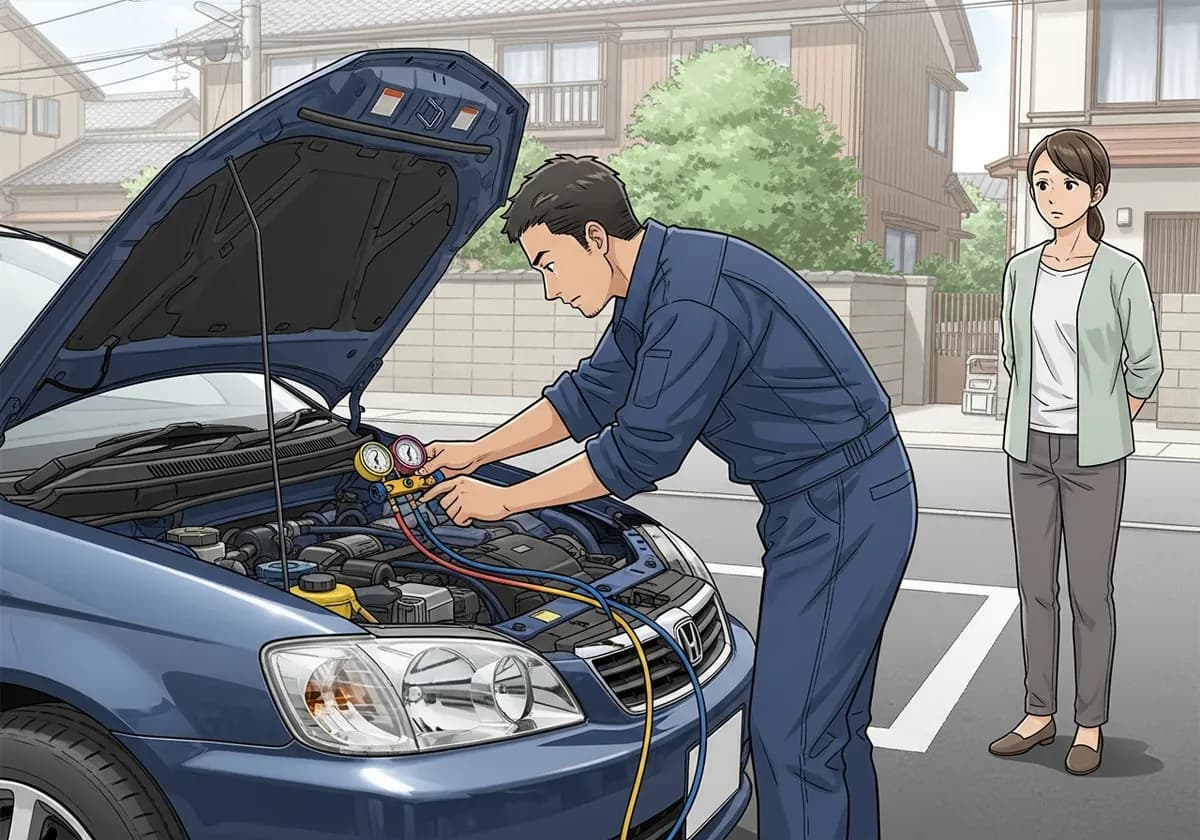 自宅駐車場でカーエアコンのガス圧を確認している整備士