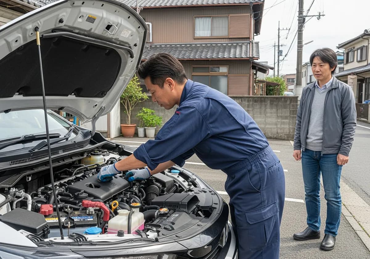 冷却ホースやリザーバータンクを点検する整備士