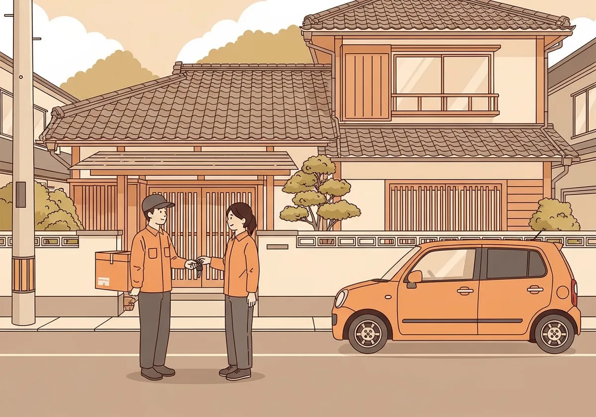 自宅前でレンタカーを受け取るイラスト