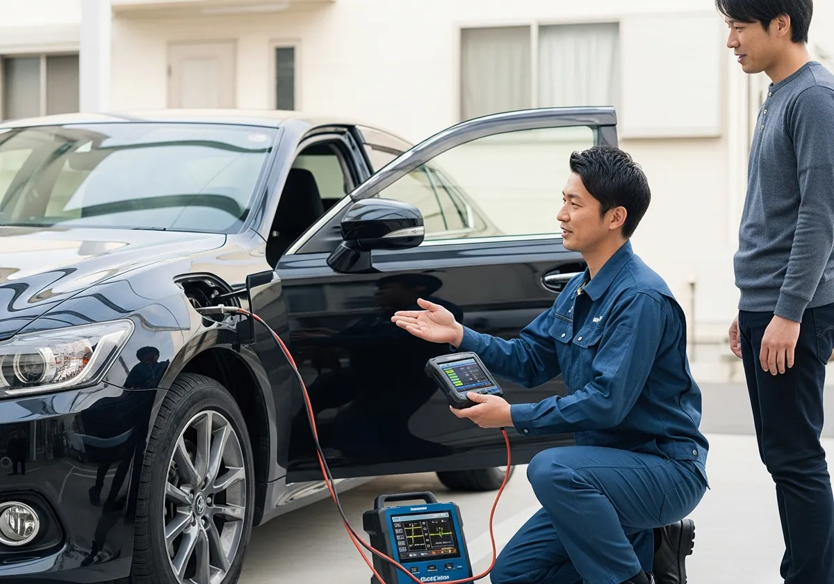 故障診断機でエンジンチェックランプの原因を確認する整備士