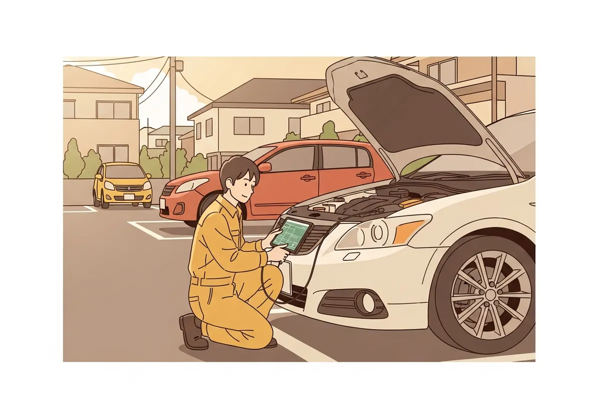 駐車場で出張診断を行う整備士のイラスト
