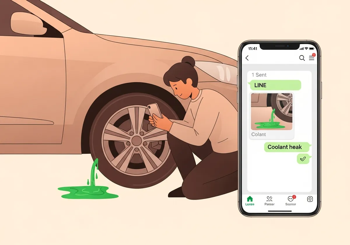 冷却水漏れの写真をLINEで送るイラスト